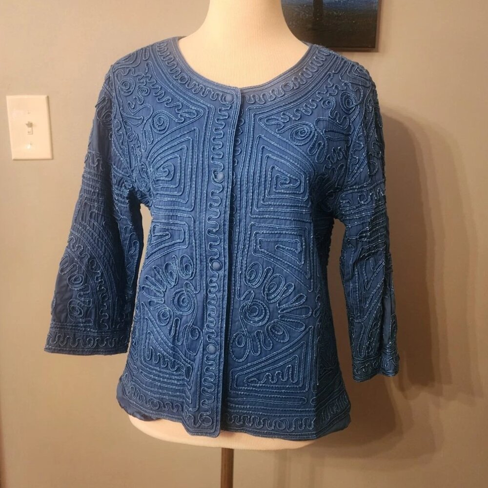 Izaro Women's Button Down Jacket/Blazer Blue Embroidered Large